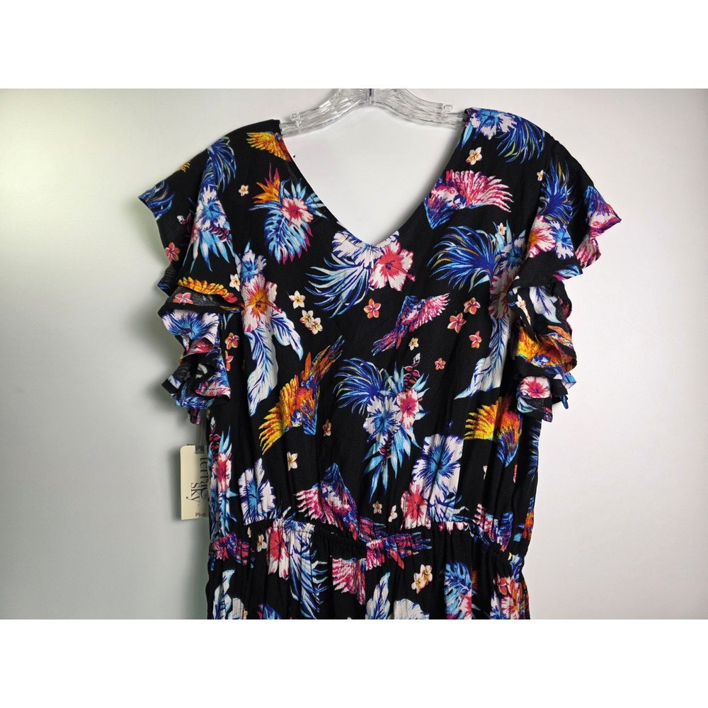 Terra & Sky Women Plus Size Tropical Floral Parrot Ruffle Sleeve Romper Black - Picture 6 of 9